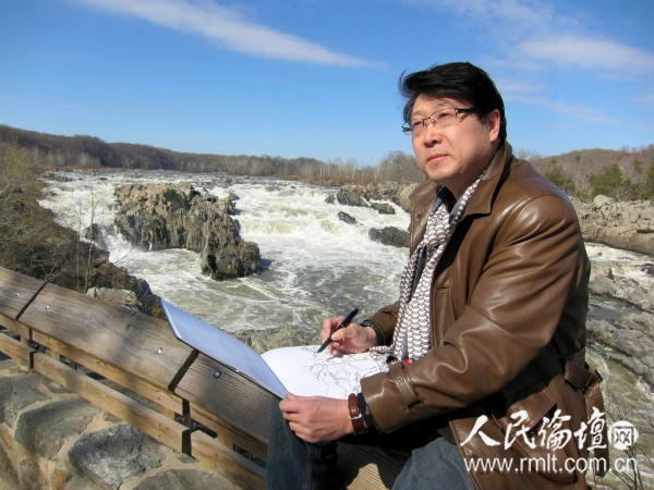 中国艺术研究院研究员国际 著名画家穆家善教授于华盛顿普陀马克大瀑布写生_meitu_11