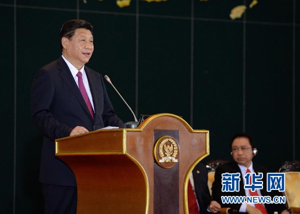 2013年10月3日，国家主席习近平在印度尼西亚国会发表题为《携手建设中国－东盟命运共同体》的重要演讲。 新华社记者 马占成 摄