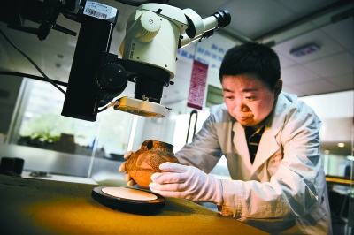 在首都博物馆，研究人员将一件陶罐放置在特殊改装过的体视显微镜下准备进行观察分析。  本报记者 邓伟摄