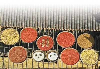 纪录片《航拍中国》剧照，农俗“晒秋”晒匾中由粮食、辣椒摆成的熊猫与喜字。