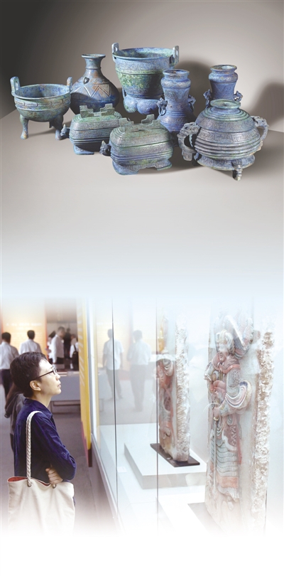 　图为“回归之路——新中国成立70周年流失文物回归成果展”展出的青铜组器及观展现场。
李 贺摄