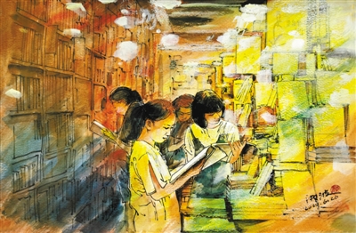　陈湘波水彩画《鹏城书香浓》——温暖的灯光、浓郁的书香，不打烊书店作为心灵的栖息所，为奔波劳碌了一天的人们筑起精神之乡。
