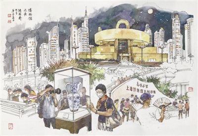 　张安朴水彩画《博物馆之夜》——看最新特展、逛文创集市、品江南糕点……博物馆奇妙夜精彩依旧，带领人们穿越时空，与历史、文化、艺术近距离对话。