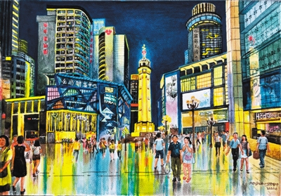 陈树中水彩画《不夜城·解放碑》——城市华灯初上，特色商圈车水马龙。购物、餐饮、休闲、娱乐……丰富多彩的夜生活从这里开始。