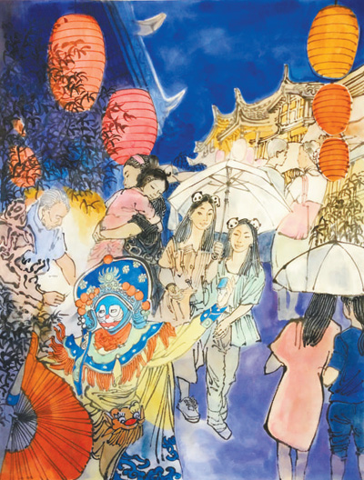 李青稞中国画《夏夜宽窄巷子》——青砖黛瓦里潜藏着老街生活，餐馆商铺里洋溢着时尚气息。夜色为古街新巷披上一层迷人面纱，不妨放慢脚步，尽情欣赏。