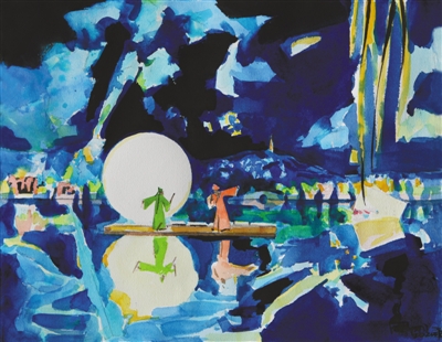 周刚水彩画《恰是西湖六月夜》——“沙河塘里灯初上，水调谁家唱？”湖光山色中，眼波流转，水袖轻扬，踏水声声响。