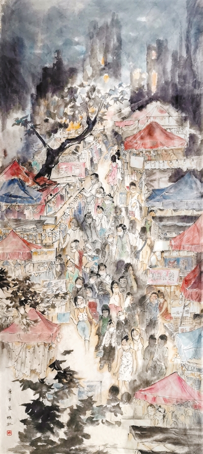 谢晓红中国画《武汉夜未央》——熙熙攘攘的人群，此起彼伏的吆喝，喧闹的夜市带来久违的烟火气，这座城市的活力持续绽放。