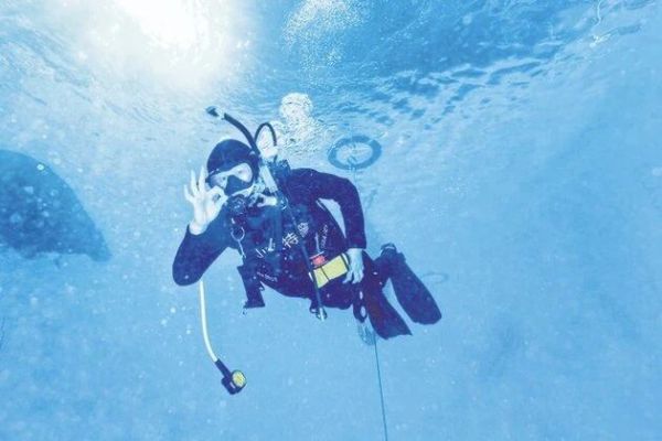 圖為宋清罡正在執(zhí)行水下安保。